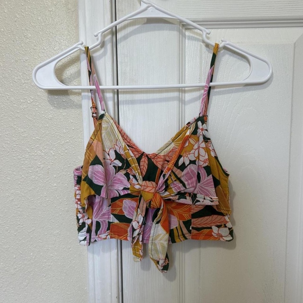 Floral Tie-Front Cropped Cami Top - Pink & Mustard